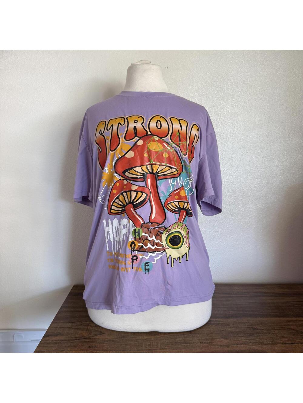 ROMWE Purple Graphic T-Shirt with Mushroom and Eyeball Design Size S